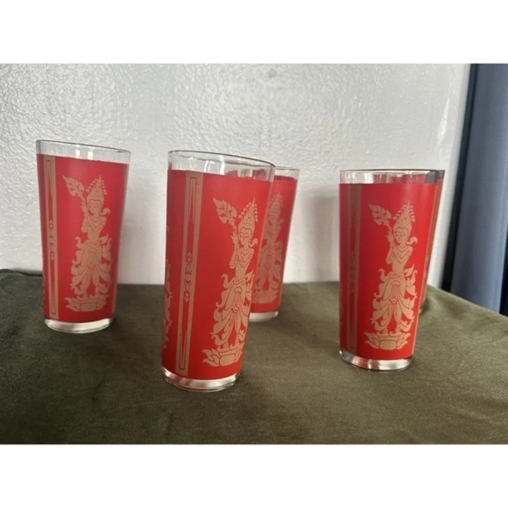 5-PC Vintage‎ Mid-century Modern Thai Goddess Culver Red Gold 12oz Glasses Gift